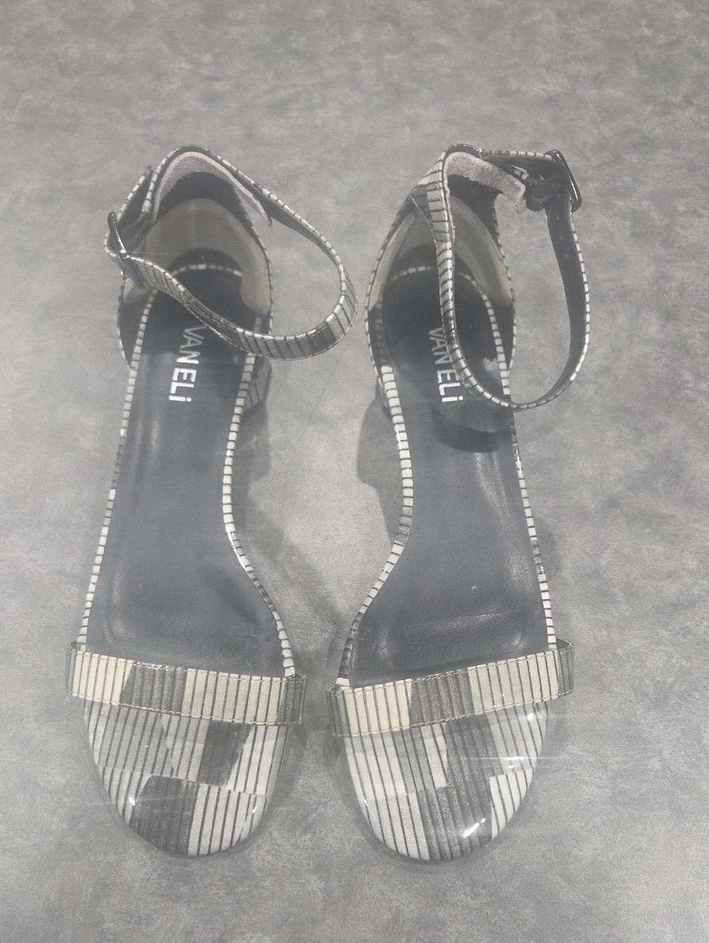 Vaneli Black and White Striped Ankle-Strap Block Heels